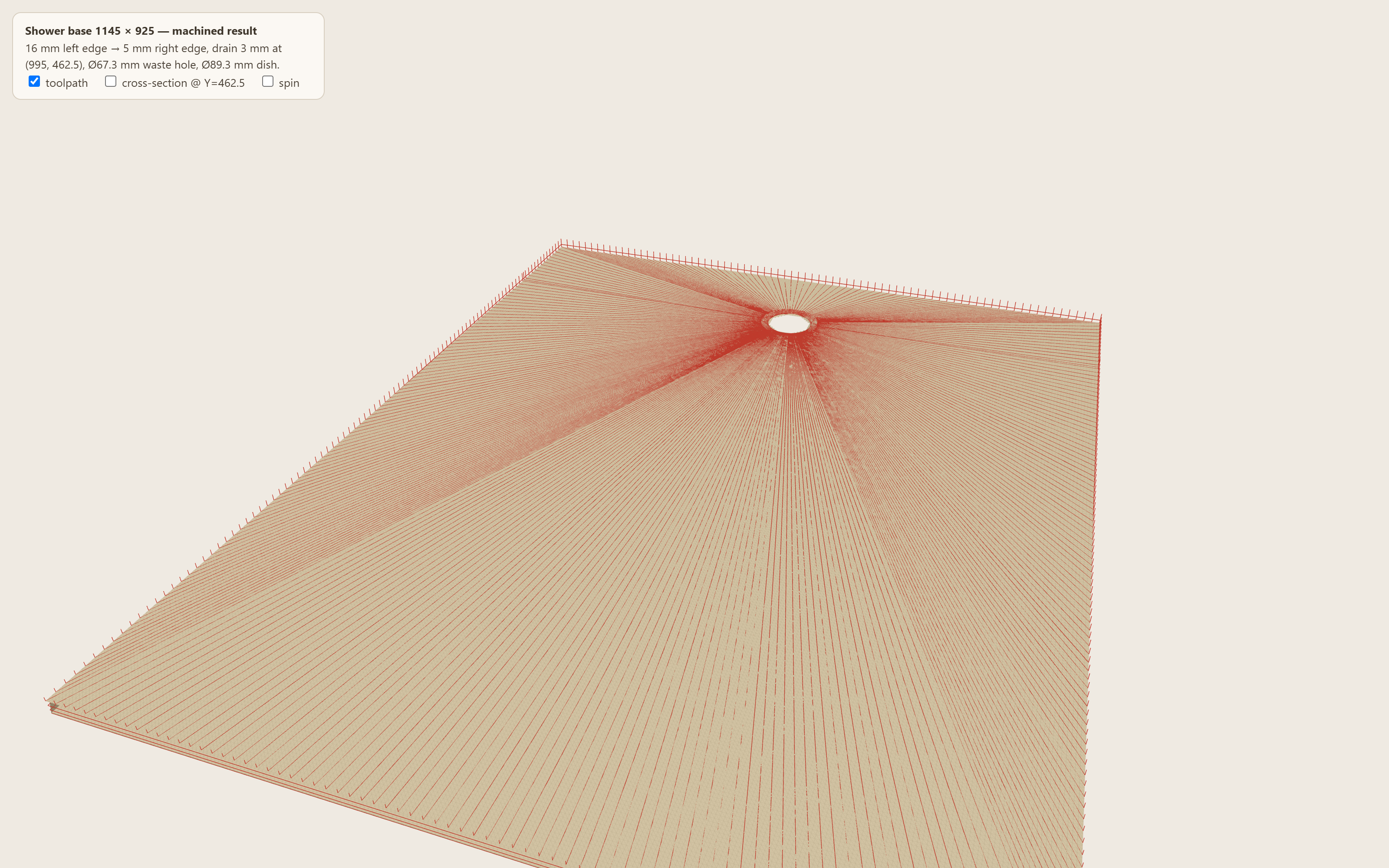 3D overview of the machined shower base with toolpath fan